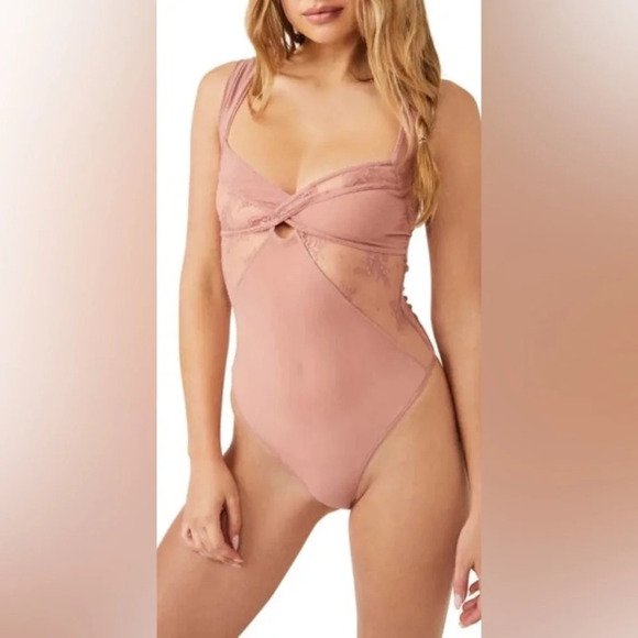 Free People Sheer Things Lace Trim Mesh Bodysuit In Smoke Rose - Picture 3 of 8